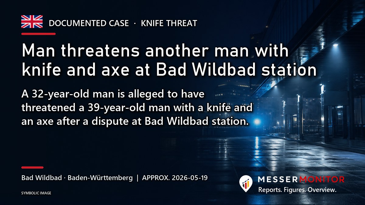 Title image: Man threatens another man with knife and axe at Bad Wildbad station. A 32-year-old man is alleged to have threatened a 39-year-old man with a knife and an axe after a dispute at Bad Wildbad station..