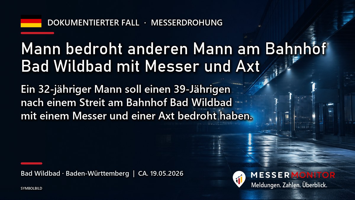 Titelgrafik: Mann bedroht anderen Mann am Bahnhof Bad Wildbad mit Messer und Axt. Ein 32-jähriger Mann soll einen 39-Jährigen nach einem Streit am Bahnhof Bad Wildbad mit einem Messer und einer Axt bedroht haben..