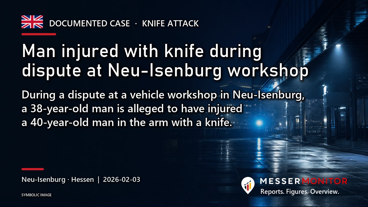 Title image: Man injured with knife during dispute at Neu-Isenburg workshop. During a dispute at a vehicle workshop in Neu-Isenburg, a 38-year-old man is alleged to have injured a 40-year-old man in the arm with a knife..