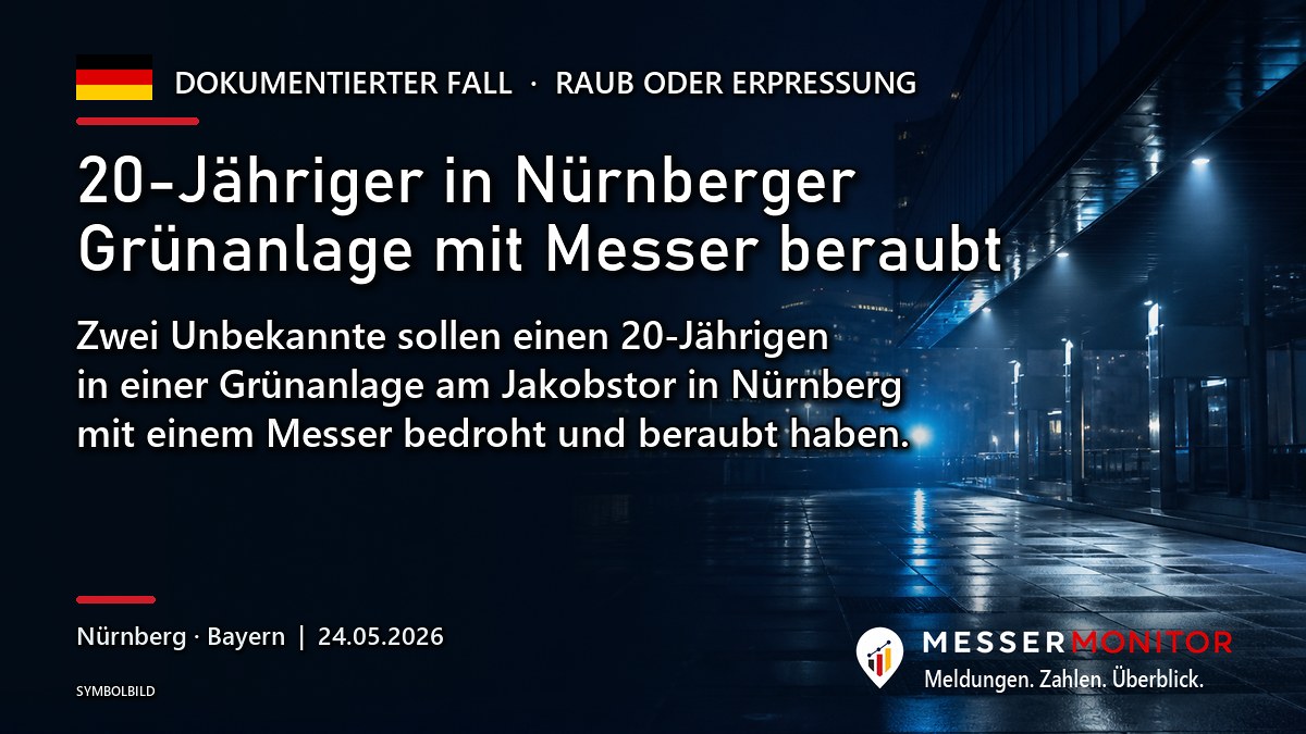 Titelgrafik: 20-Jähriger in Nürnberger Grünanlage mit Messer beraubt. Zwei Unbekannte sollen einen 20-Jährigen in einer Grünanlage am Jakobstor in Nürnberg mit einem Messer bedroht und beraubt haben..