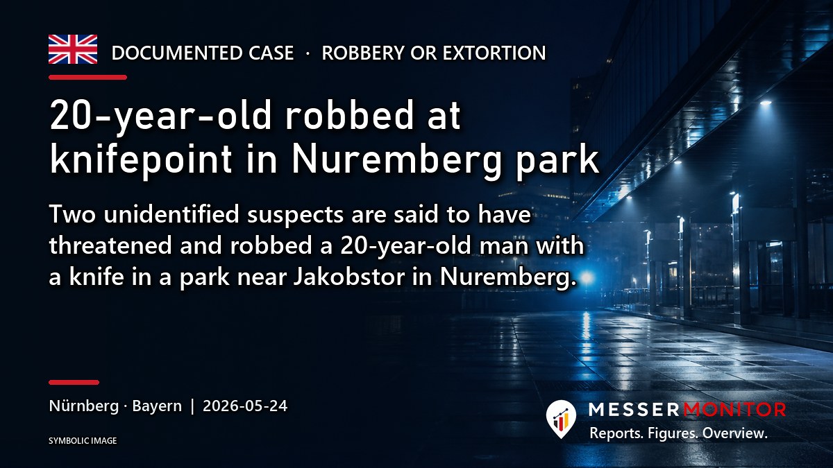 Title image: 20-year-old robbed at knifepoint in Nuremberg park. Two unidentified suspects are said to have threatened and robbed a 20-year-old man with a knife in a park near Jakobstor in Nuremberg..