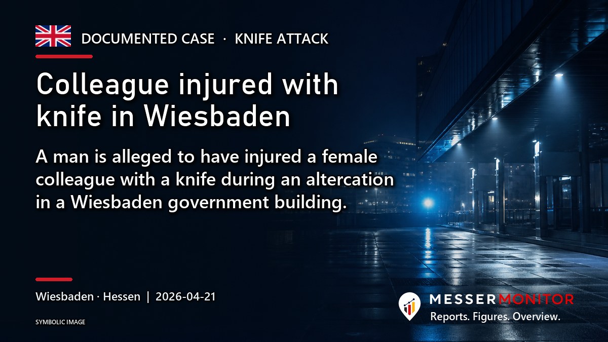 Title image: Colleague injured with knife in Wiesbaden. A man is alleged to have injured a female colleague with a knife during an altercation in a Wiesbaden government building..