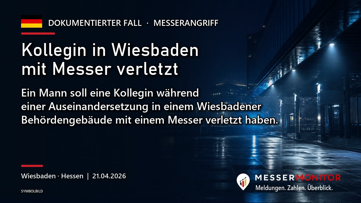 Titelgrafik: Kollegin in Wiesbaden mit Messer verletzt. Ein Mann soll eine Kollegin während einer Auseinandersetzung in einem Wiesbadener Behördengebäude mit einem Messer verletzt haben..
