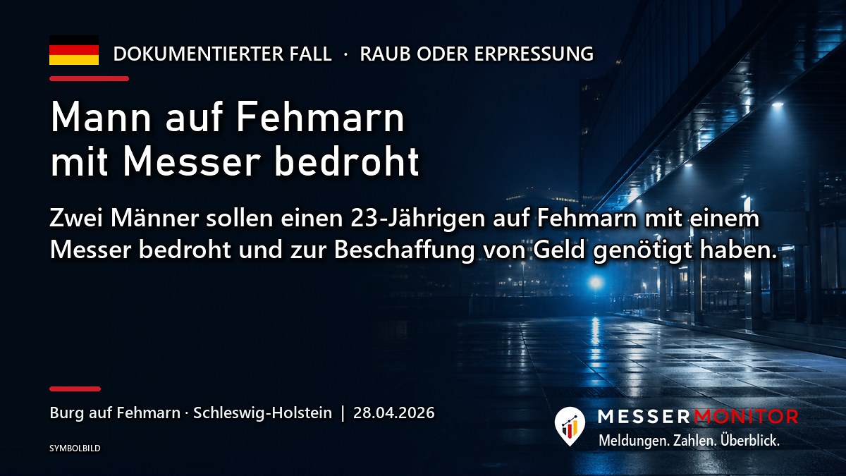 Titelgrafik: Mann auf Fehmarn mit Messer bedroht. Zwei Männer sollen einen 23-Jährigen auf Fehmarn mit einem Messer bedroht und zur Beschaffung von Geld genötigt haben..