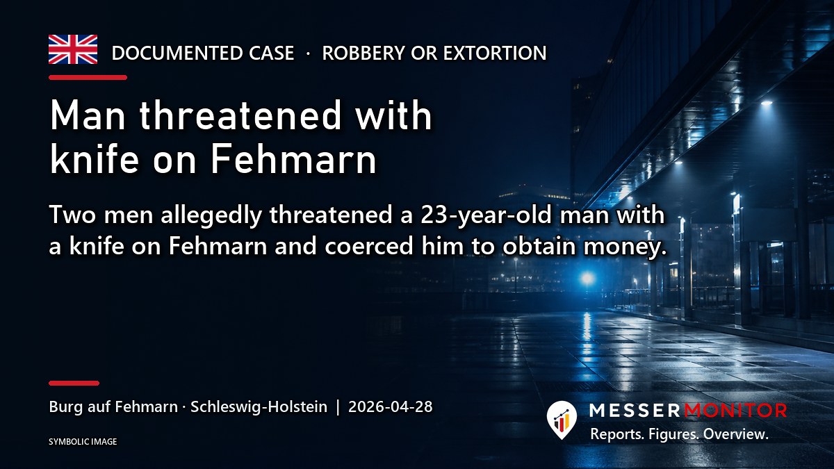 Title image: Man threatened with knife on Fehmarn. Two men allegedly threatened a 23-year-old man with a knife on Fehmarn and coerced him to obtain money..