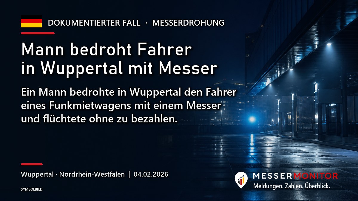 Titelgrafik: Mann bedroht Fahrer in Wuppertal mit Messer. Ein Mann bedrohte in Wuppertal den Fahrer eines Funkmietwagens mit einem Messer und flüchtete ohne zu bezahlen..