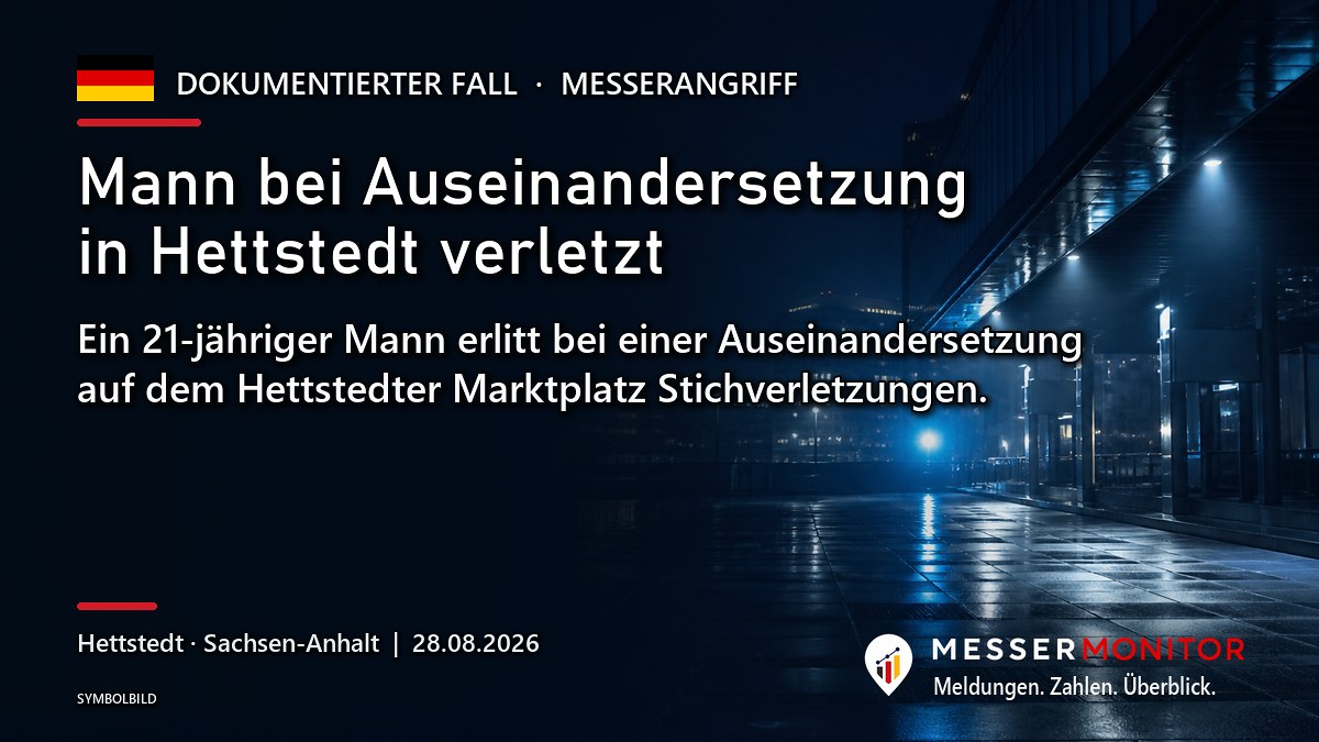 Titelgrafik: Mann bei Auseinandersetzung in Hettstedt verletzt. Ein 21-jähriger Mann erlitt bei einer Auseinandersetzung auf dem Hettstedter Marktplatz Stichverletzungen..