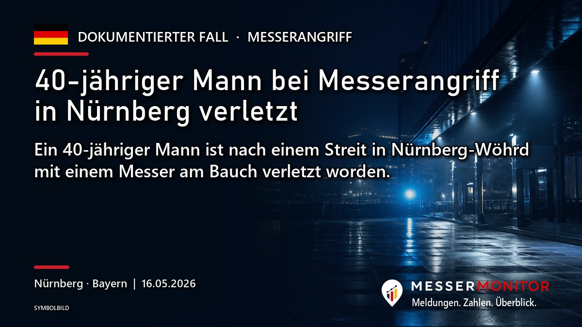 Titelgrafik: 40-jähriger Mann bei Messerangriff in Nürnberg verletzt. Ein 40-jähriger Mann ist nach einem Streit in Nürnberg-Wöhrd mit einem Messer am Bauch verletzt worden..