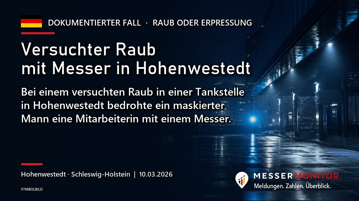Titelgrafik: Versuchter Raub mit Messer in Hohenwestedt. Bei einem versuchten Raub in einer Tankstelle in Hohenwestedt bedrohte ein maskierter Mann eine Mitarbeiterin mit einem Messer..