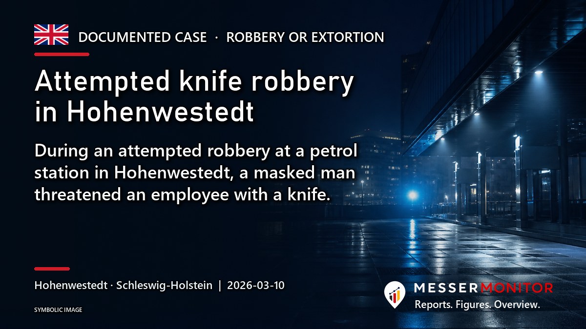 Title image: Attempted knife robbery in Hohenwestedt. During an attempted robbery at a petrol station in Hohenwestedt, a masked man threatened an employee with a knife..
