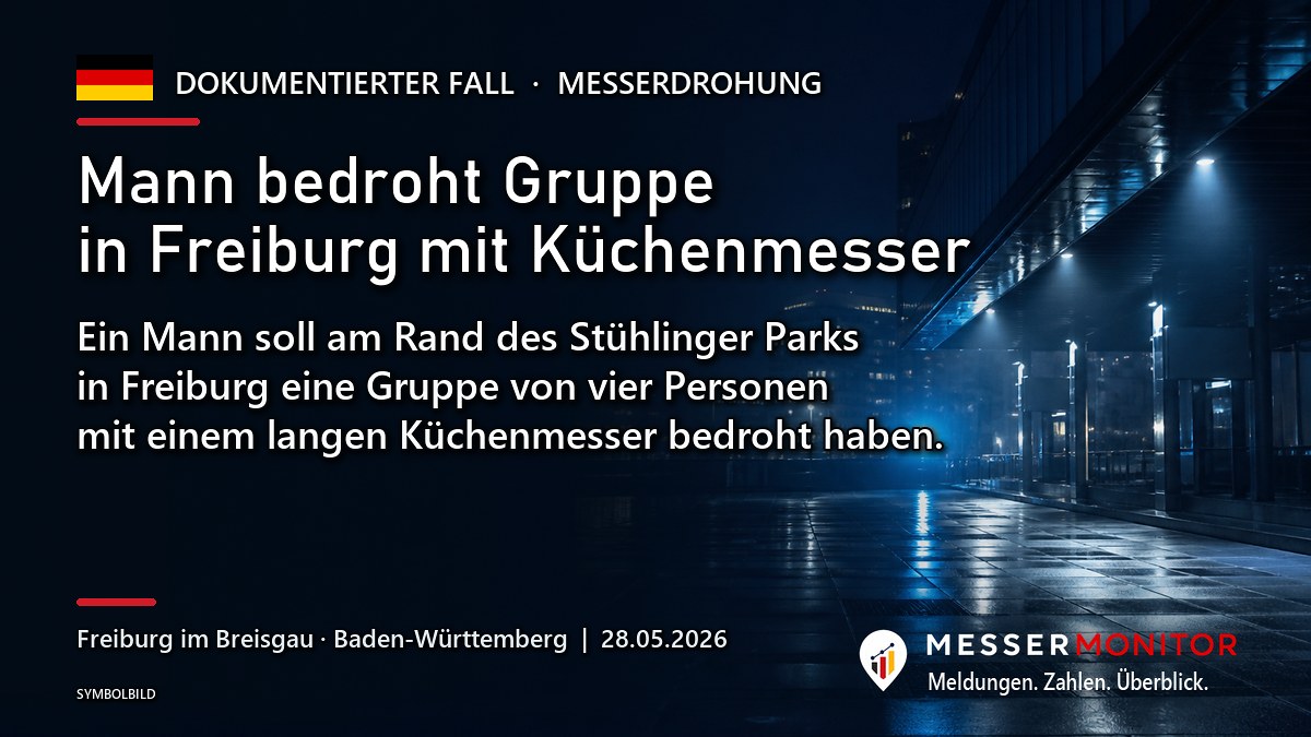 Titelgrafik: Mann bedroht Gruppe in Freiburg mit Küchenmesser. Ein Mann soll am Rand des Stühlinger Parks in Freiburg eine Gruppe von vier Personen mit einem langen Küchenmesser bedroht haben..