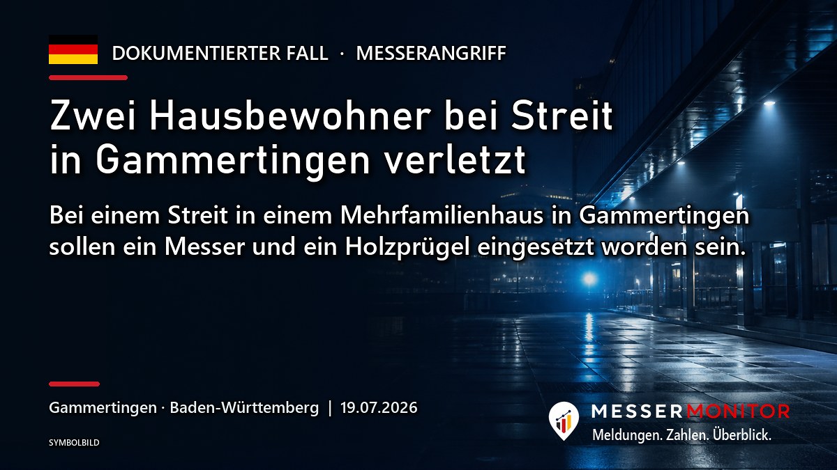 Titelgrafik: Zwei Hausbewohner bei Streit in Gammertingen verletzt. Bei einem Streit in einem Mehrfamilienhaus in Gammertingen sollen ein Messer und ein Holzprügel eingesetzt worden sein..