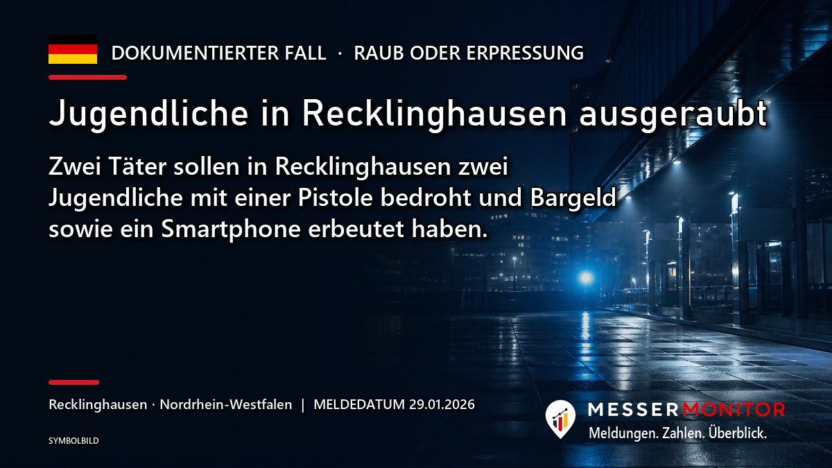 Titelgrafik: Jugendliche in Recklinghausen ausgeraubt. Zwei Täter sollen in Recklinghausen zwei Jugendliche mit einer Pistole bedroht und Bargeld sowie ein Smartphone erbeutet haben..