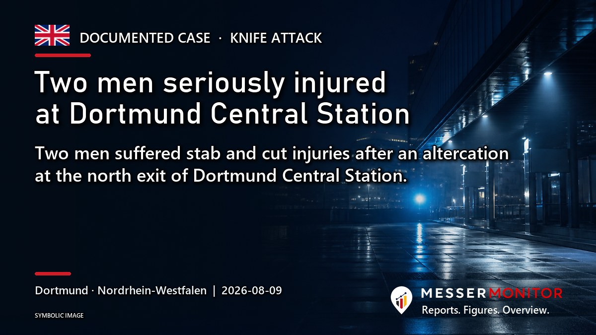 Title image: Two men seriously injured at Dortmund Central Station. Two men suffered stab and cut injuries after an altercation at the north exit of Dortmund Central Station..