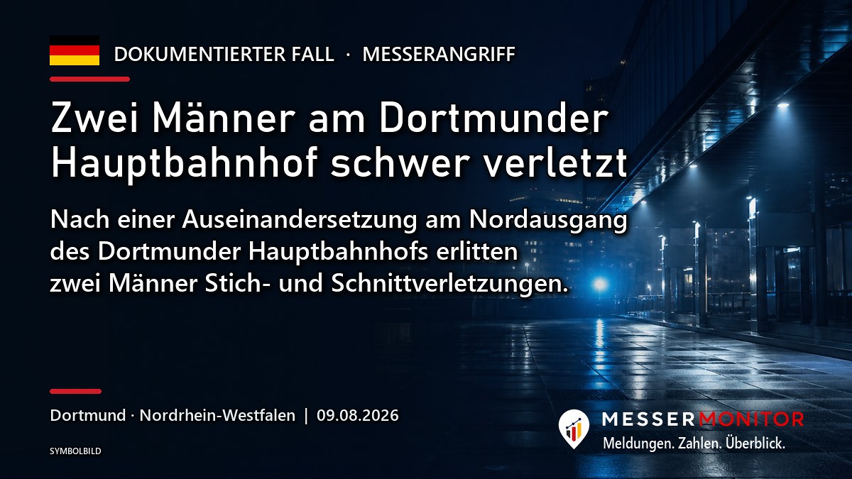 Titelgrafik: Zwei Männer am Dortmunder Hauptbahnhof schwer verletzt. Nach einer Auseinandersetzung am Nordausgang des Dortmunder Hauptbahnhofs erlitten zwei Männer Stich- und Schnittverletzungen..