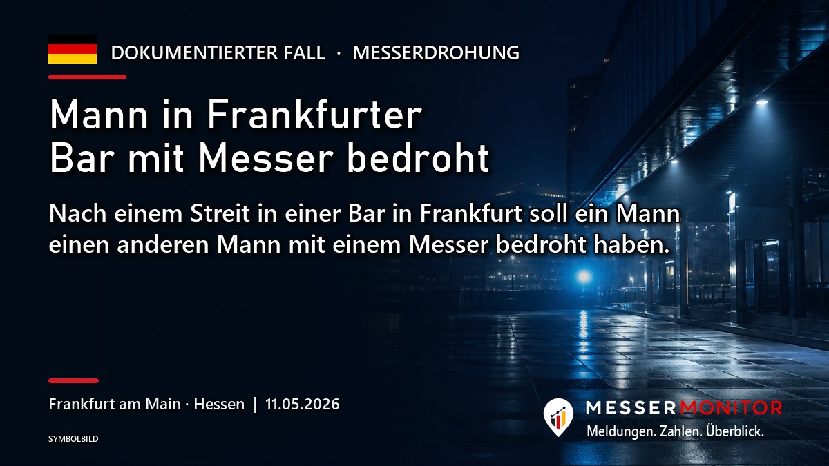 Titelgrafik: Mann in Frankfurter Bar mit Messer bedroht. Nach einem Streit in einer Bar in Frankfurt soll ein Mann einen anderen Mann mit einem Messer bedroht haben..