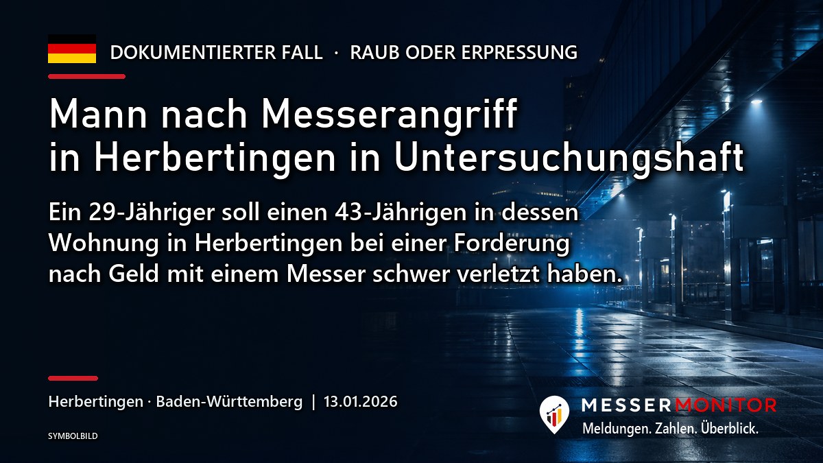 Titelgrafik: Mann nach Messerangriff in Herbertingen in Untersuchungshaft. Ein 29-Jähriger soll einen 43-Jährigen in dessen Wohnung in Herbertingen bei einer Forderung nach Geld mit einem Messer schwer verletzt haben..