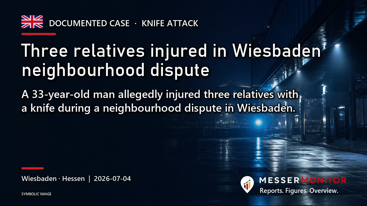 Title image: Three relatives injured in Wiesbaden neighbourhood dispute. A 33-year-old man allegedly injured three relatives with a knife during a neighbourhood dispute in Wiesbaden..