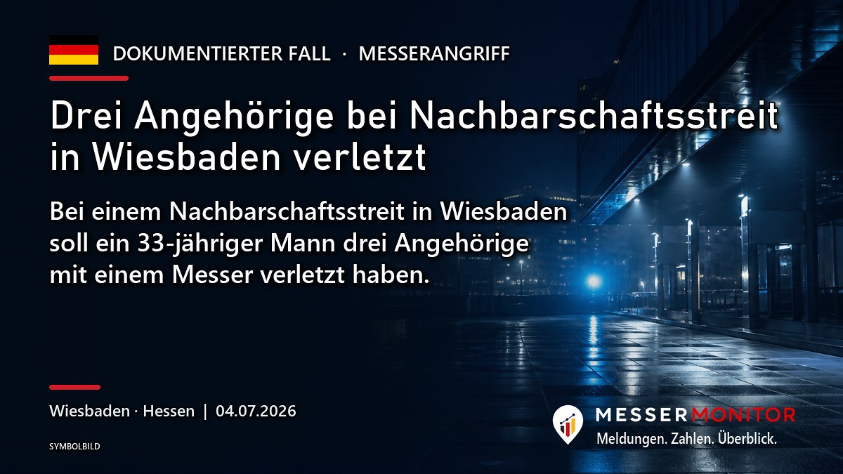 Titelgrafik: Drei Angehörige bei Nachbarschaftsstreit in Wiesbaden verletzt. Bei einem Nachbarschaftsstreit in Wiesbaden soll ein 33-jähriger Mann drei Angehörige mit einem Messer verletzt haben..
