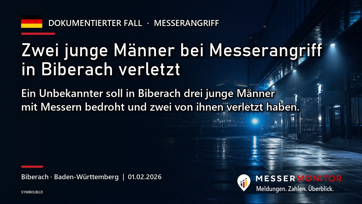 Titelgrafik: Zwei junge Männer bei Messerangriff in Biberach verletzt. Ein Unbekannter soll in Biberach drei junge Männer mit Messern bedroht und zwei von ihnen verletzt haben..