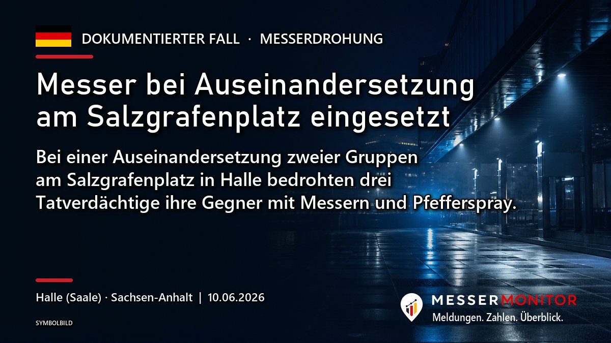 Titelgrafik: Messer bei Auseinandersetzung am Salzgrafenplatz eingesetzt. Bei einer Auseinandersetzung zweier Gruppen am Salzgrafenplatz in Halle bedrohten drei Tatverdächtige ihre Gegner mit Messern und Pfefferspray..
