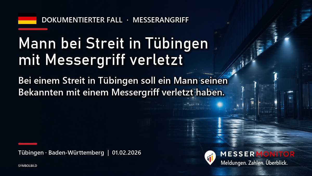 Titelgrafik: Mann bei Streit in Tübingen mit Messergriff verletzt. Bei einem Streit in Tübingen soll ein Mann seinen Bekannten mit einem Messergriff verletzt haben..