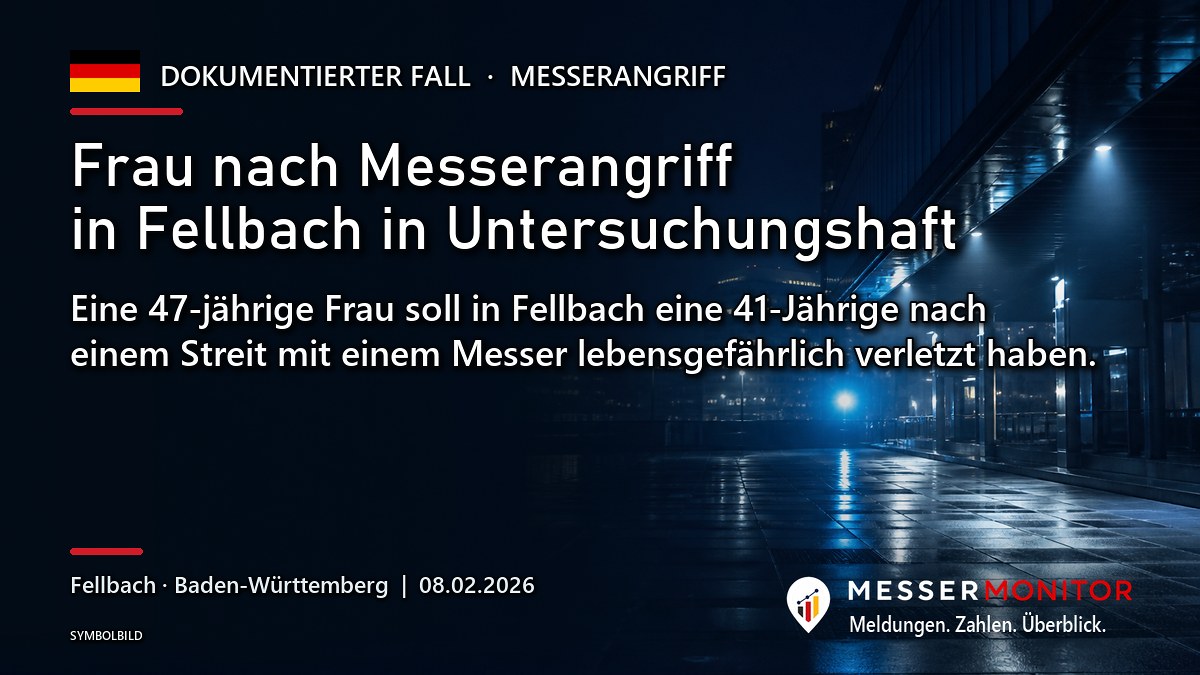 Titelgrafik: Frau nach Messerangriff in Fellbach in Untersuchungshaft. Eine 47-jährige Frau soll in Fellbach eine 41-Jährige nach einem Streit mit einem Messer lebensgefährlich verletzt haben..