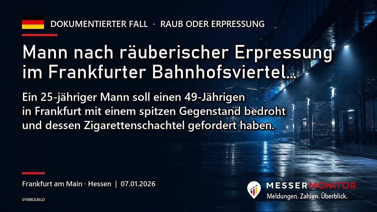 Titelgrafik: Mann nach räuberischer Erpressung im Frankfurter Bahnhofsviertel…. Ein 25-jähriger Mann soll einen 49-Jährigen in Frankfurt mit einem spitzen Gegenstand bedroht und dessen Zigarettenschachtel gefordert haben..