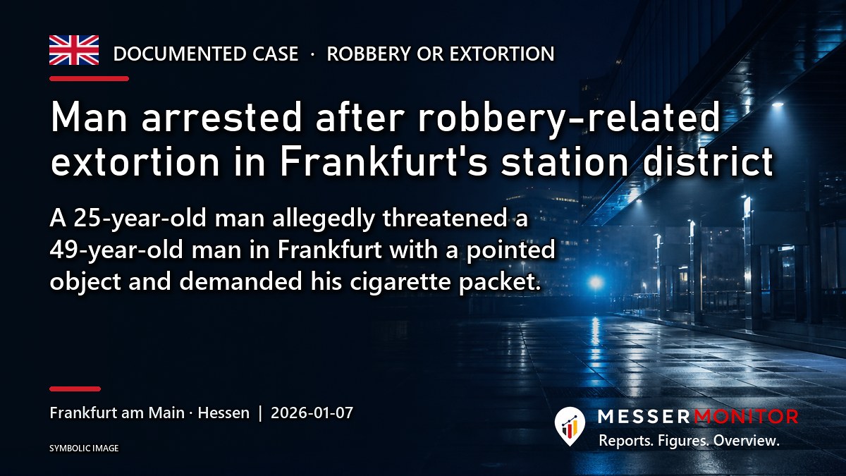 Title image: Man arrested after robbery-related extortion in Frankfurt's station district. A 25-year-old man allegedly threatened a 49-year-old man in Frankfurt with a pointed object and demanded his cigarette packet..