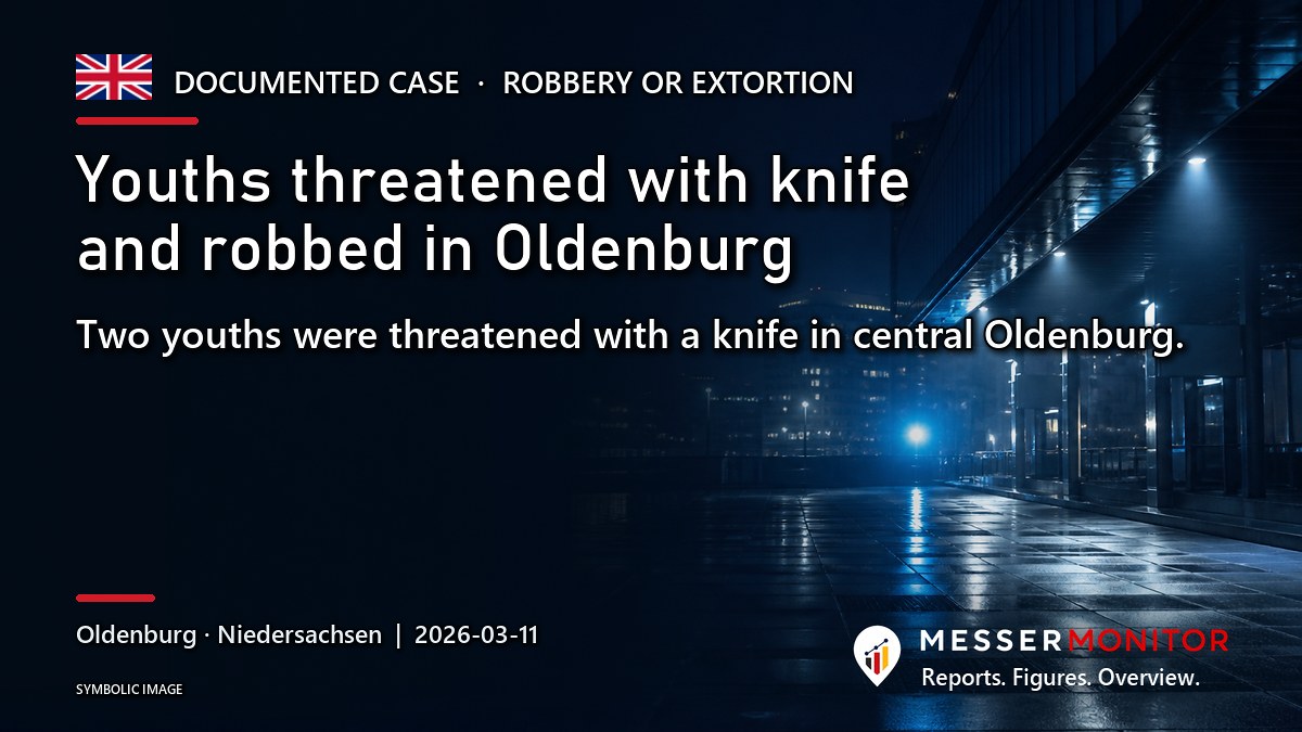 Title image: Youths threatened with knife and robbed in Oldenburg. Two youths were threatened with a knife in central Oldenburg..