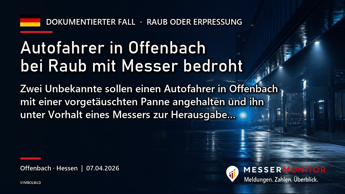 Titelgrafik: Autofahrer in Offenbach bei Raub mit Messer bedroht. Zwei Unbekannte sollen einen Autofahrer in Offenbach mit einer vorgetäuschten Panne angehalten und ihn unter Vorhalt eines Messers zur Herausgabe….