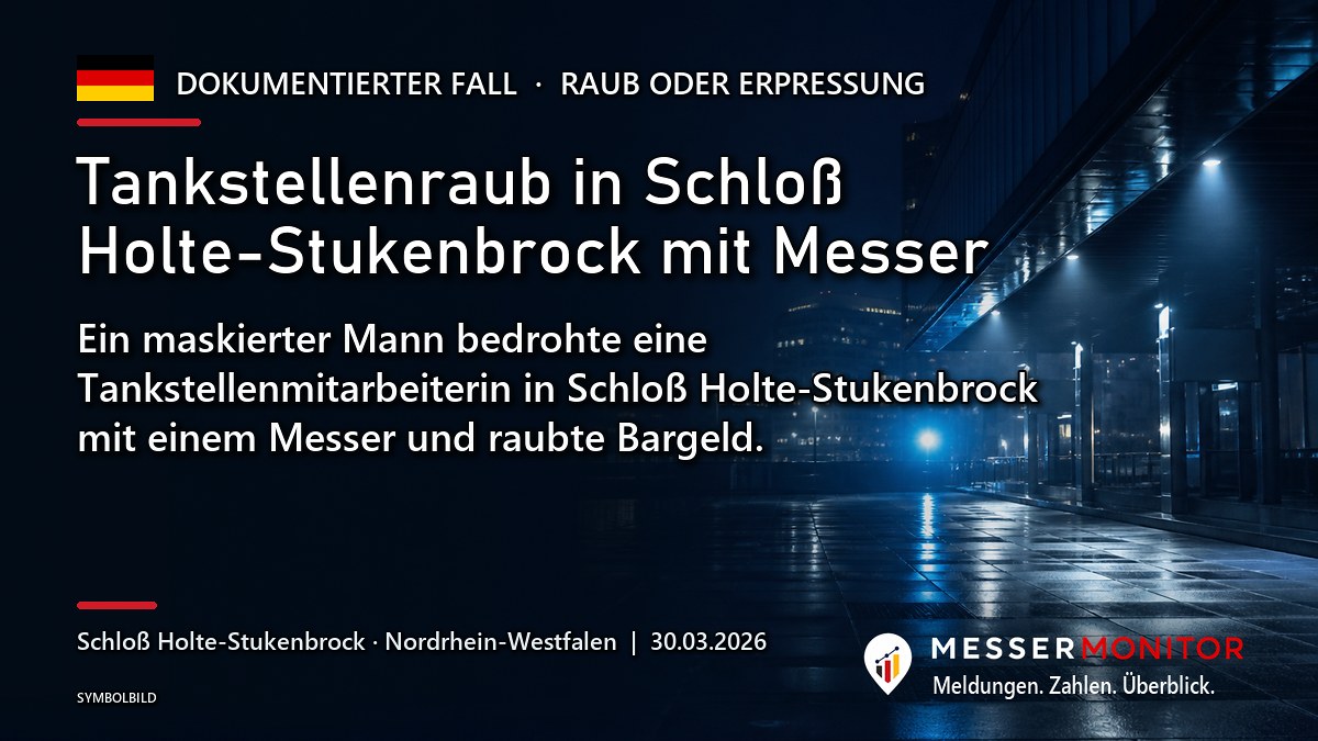 Titelgrafik: Tankstellenraub in Schloß Holte-Stukenbrock mit Messer. Ein maskierter Mann bedrohte eine Tankstellenmitarbeiterin in Schloß Holte-Stukenbrock mit einem Messer und raubte Bargeld..