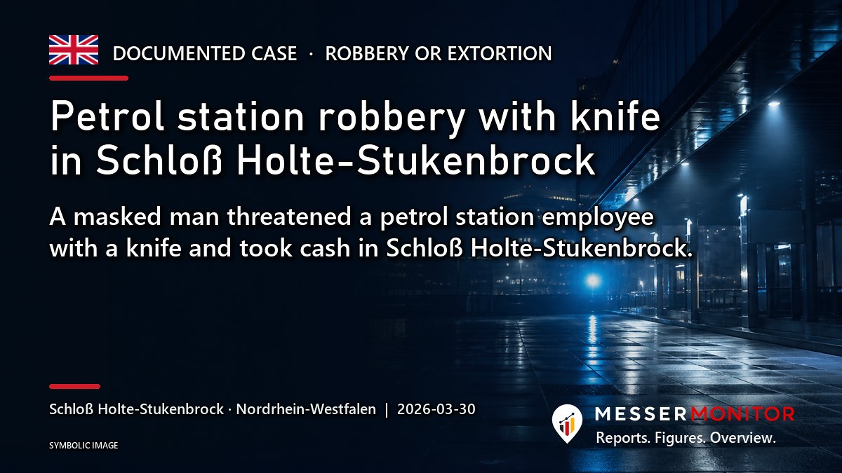 Title image: Petrol station robbery with knife in Schloß Holte-Stukenbrock. A masked man threatened a petrol station employee with a knife and took cash in Schloß Holte-Stukenbrock..