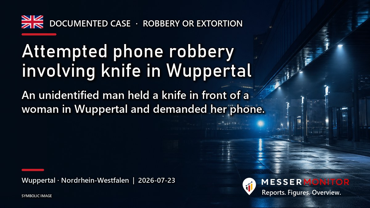 Title image: Attempted phone robbery involving knife in Wuppertal. An unidentified man held a knife in front of a woman in Wuppertal and demanded her phone..