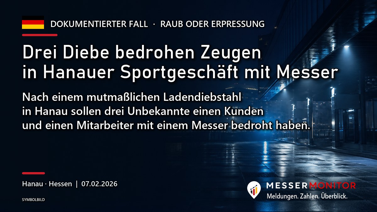 Titelgrafik: Drei Diebe bedrohen Zeugen in Hanauer Sportgeschäft mit Messer. Nach einem mutmaßlichen Ladendiebstahl in Hanau sollen drei Unbekannte einen Kunden und einen Mitarbeiter mit einem Messer bedroht haben..