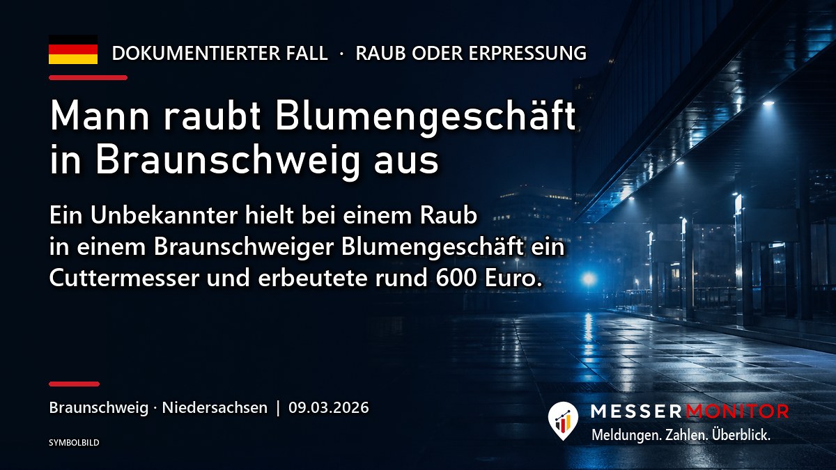 Titelgrafik: Mann raubt Blumengeschäft in Braunschweig aus. Ein Unbekannter hielt bei einem Raub in einem Braunschweiger Blumengeschäft ein Cuttermesser und erbeutete rund 600 Euro..