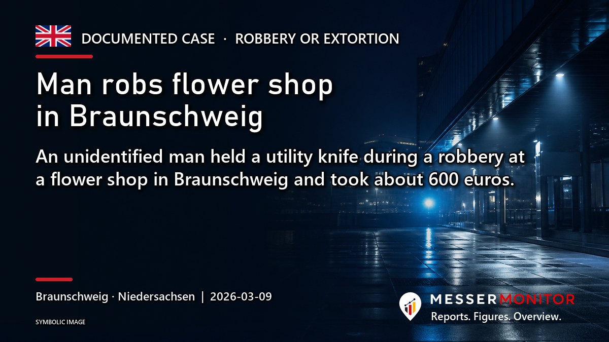 Title image: Man robs flower shop in Braunschweig. An unidentified man held a utility knife during a robbery at a flower shop in Braunschweig and took about 600 euros..