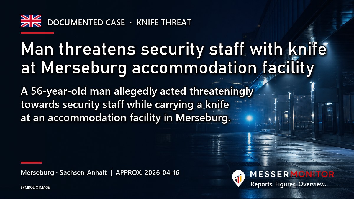 Title image: Man threatens security staff with knife at Merseburg accommodation facility. A 56-year-old man allegedly acted threateningly towards security staff while carrying a knife at an accommodation facility in Merseburg..