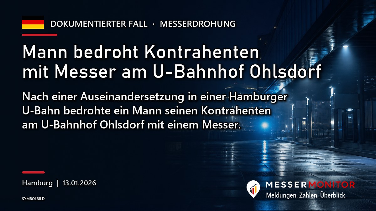 Titelgrafik: Mann bedroht Kontrahenten mit Messer am U-Bahnhof Ohlsdorf. Nach einer Auseinandersetzung in einer Hamburger U-Bahn bedrohte ein Mann seinen Kontrahenten am U-Bahnhof Ohlsdorf mit einem Messer..