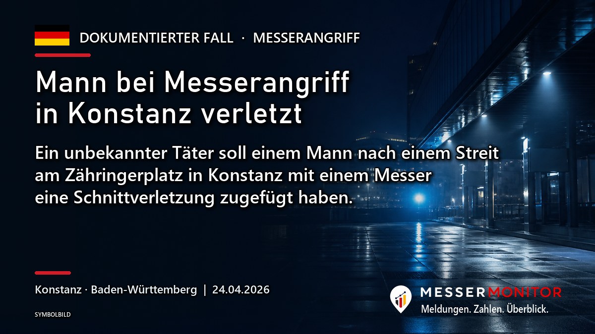 Titelgrafik: Mann bei Messerangriff in Konstanz verletzt. Ein unbekannter Täter soll einem Mann nach einem Streit am Zähringerplatz in Konstanz mit einem Messer eine Schnittverletzung zugefügt haben..
