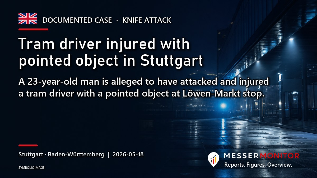 Title image: Tram driver injured with pointed object in Stuttgart. A 23-year-old man is alleged to have attacked and injured a tram driver with a pointed object at Löwen-Markt stop..