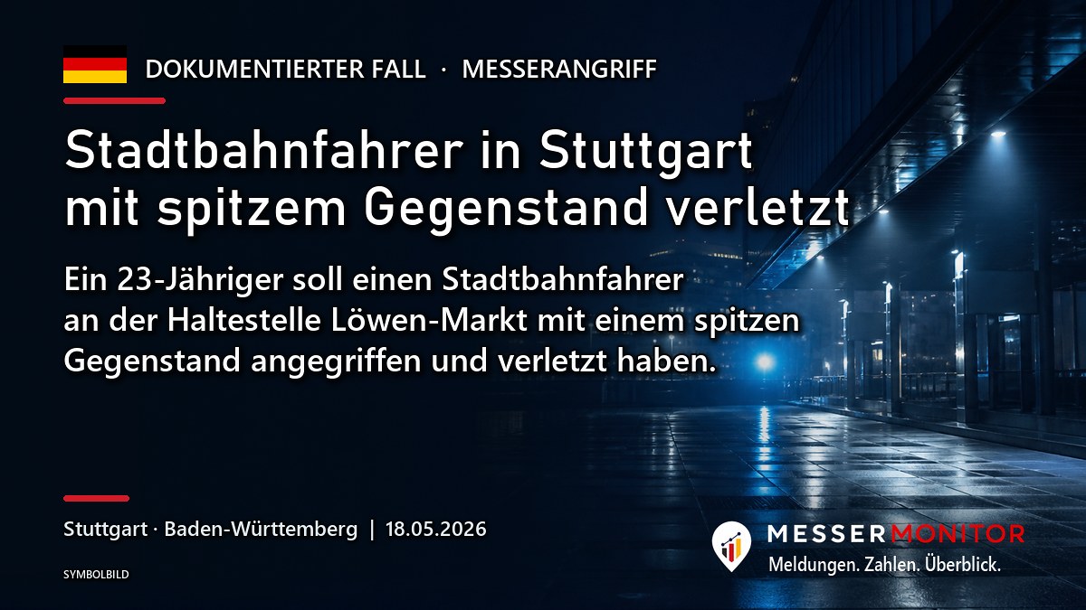 Titelgrafik: Stadtbahnfahrer in Stuttgart mit spitzem Gegenstand verletzt. Ein 23-Jähriger soll einen Stadtbahnfahrer an der Haltestelle Löwen-Markt mit einem spitzen Gegenstand angegriffen und verletzt haben..