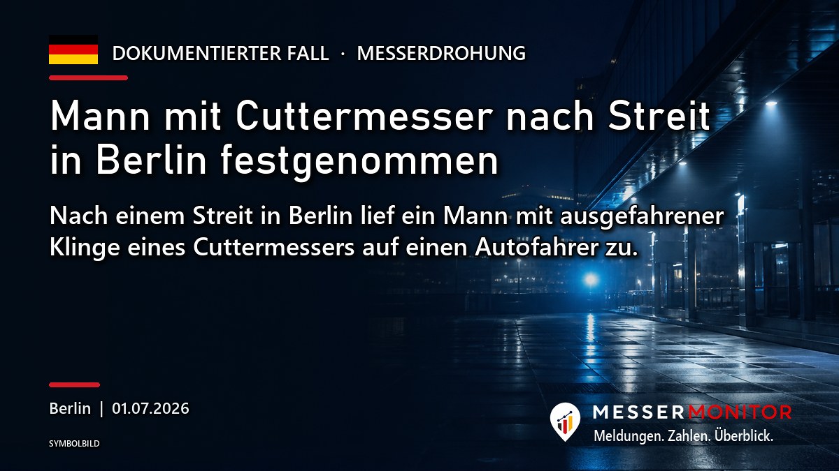 Titelgrafik: Mann mit Cuttermesser nach Streit in Berlin festgenommen. Nach einem Streit in Berlin lief ein Mann mit ausgefahrener Klinge eines Cuttermessers auf einen Autofahrer zu..