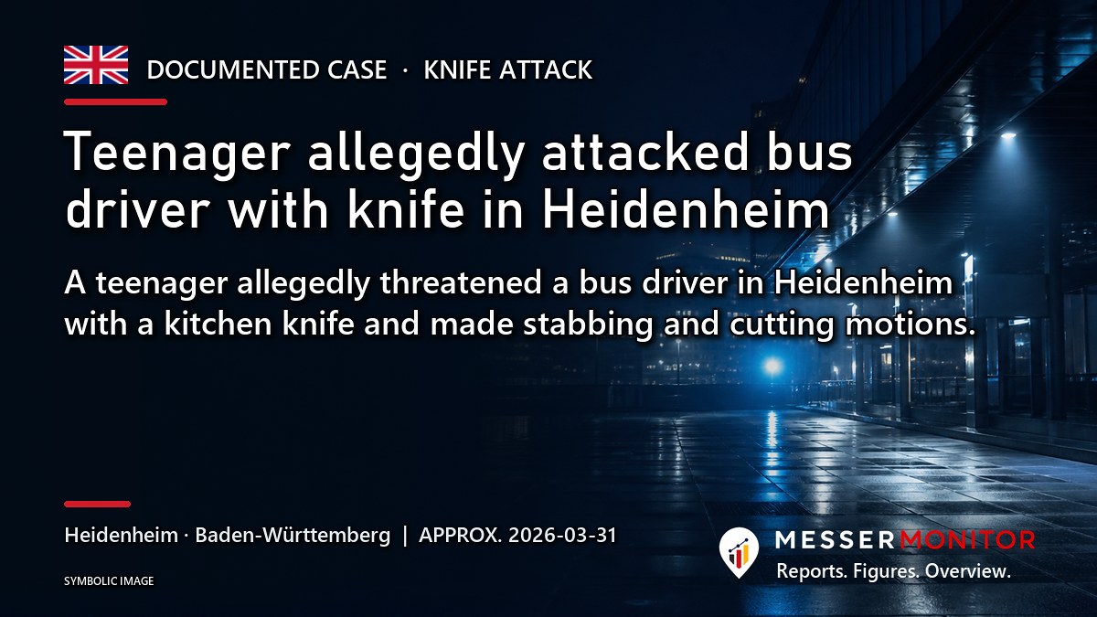 Title image: Teenager allegedly attacked bus driver with knife in Heidenheim. A teenager allegedly threatened a bus driver in Heidenheim with a kitchen knife and made stabbing and cutting motions..