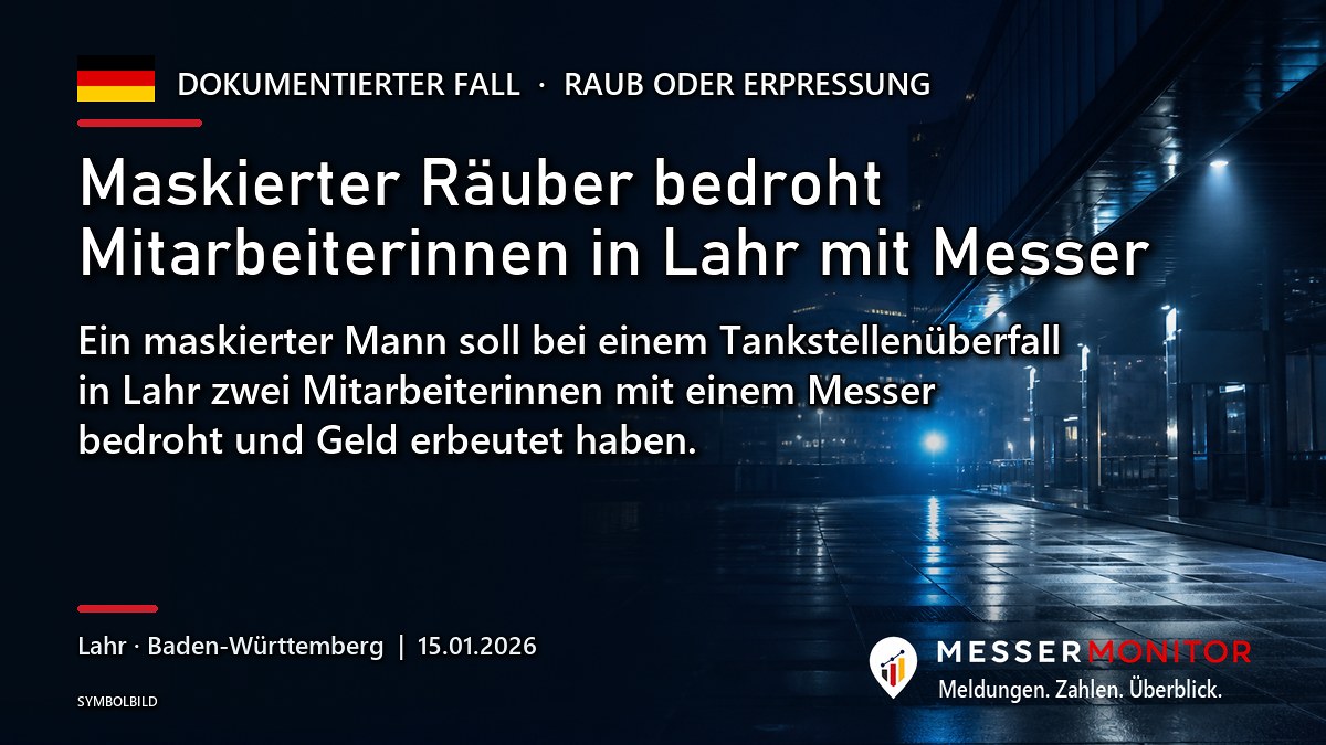 Titelgrafik: Maskierter Räuber bedroht Mitarbeiterinnen in Lahr mit Messer. Ein maskierter Mann soll bei einem Tankstellenüberfall in Lahr zwei Mitarbeiterinnen mit einem Messer bedroht und Geld erbeutet haben..