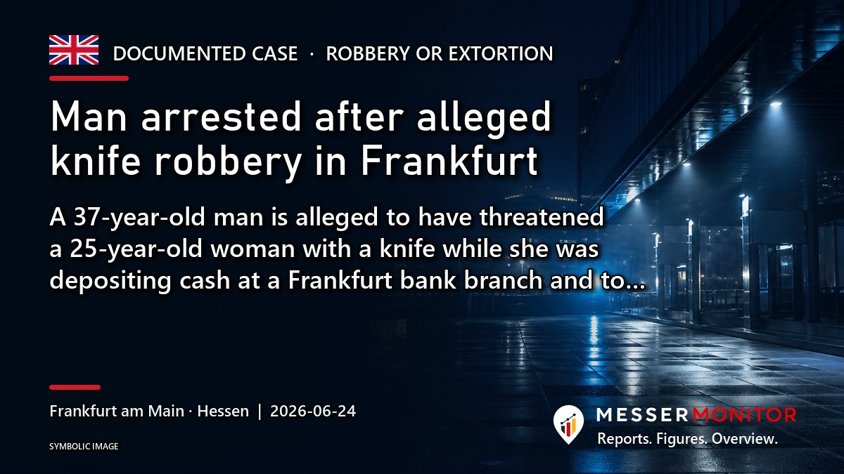 Title image: Man arrested after alleged knife robbery in Frankfurt. A 37-year-old man is alleged to have threatened a 25-year-old woman with a knife while she was depositing cash at a Frankfurt bank branch and to….