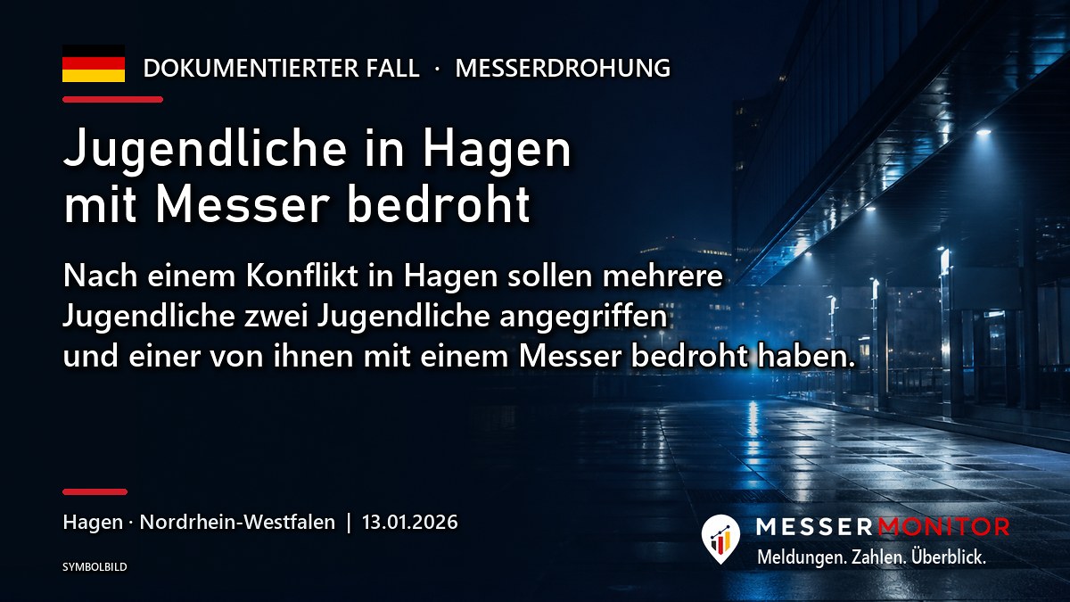 Titelgrafik: Jugendliche in Hagen mit Messer bedroht. Nach einem Konflikt in Hagen sollen mehrere Jugendliche zwei Jugendliche angegriffen und einer von ihnen mit einem Messer bedroht haben..