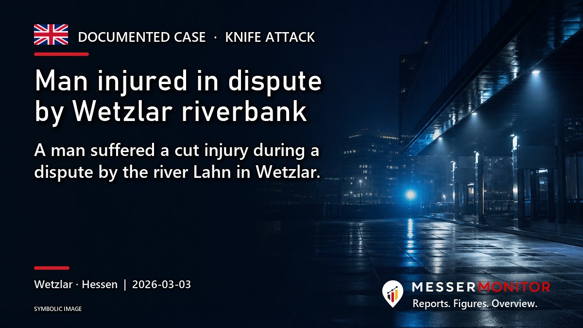 Title image: Man injured in dispute by Wetzlar riverbank. A man suffered a cut injury during a dispute by the river Lahn in Wetzlar..