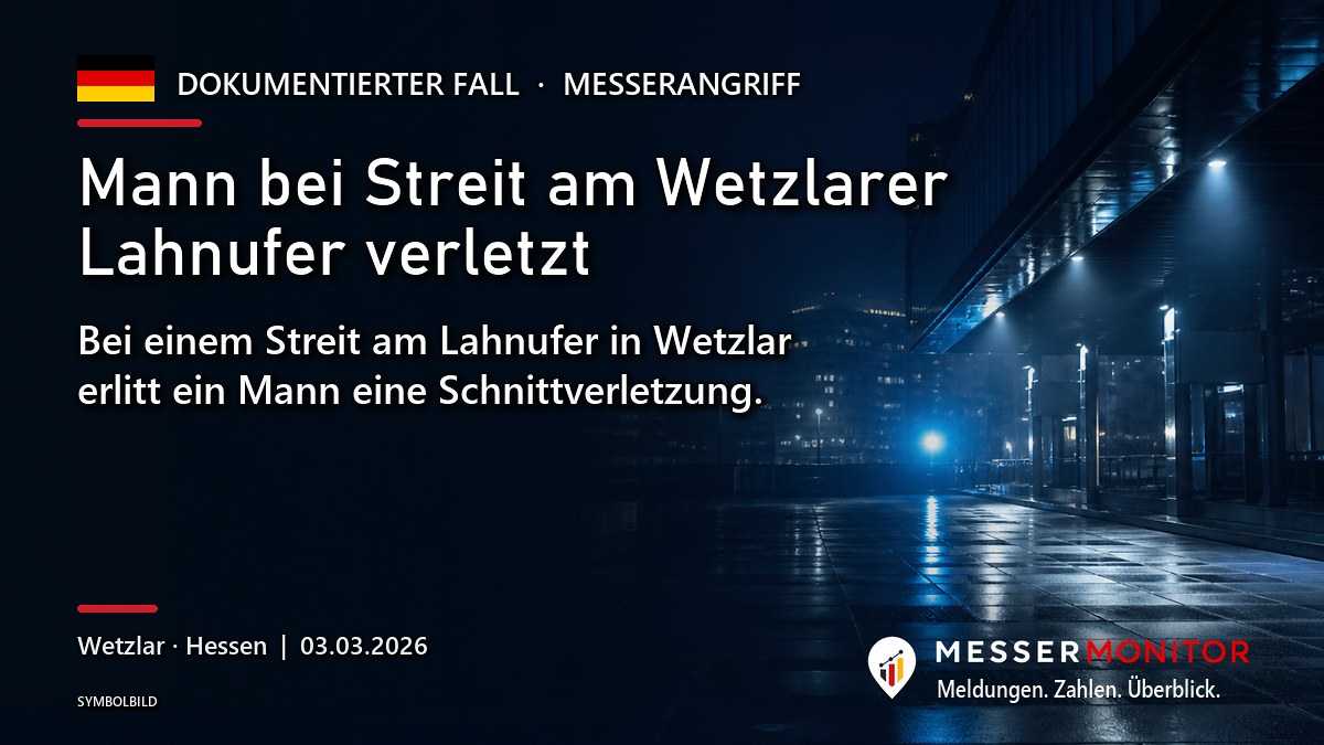 Titelgrafik: Mann bei Streit am Wetzlarer Lahnufer verletzt. Bei einem Streit am Lahnufer in Wetzlar erlitt ein Mann eine Schnittverletzung..