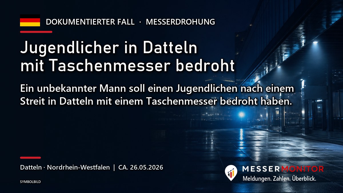 Titelgrafik: Jugendlicher in Datteln mit Taschenmesser bedroht. Ein unbekannter Mann soll einen Jugendlichen nach einem Streit in Datteln mit einem Taschenmesser bedroht haben..